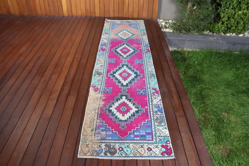 2.4x9.6 ft Vintage Halı, Oushak Halı, Kırmızı Çiçekli Halı Yün - 1