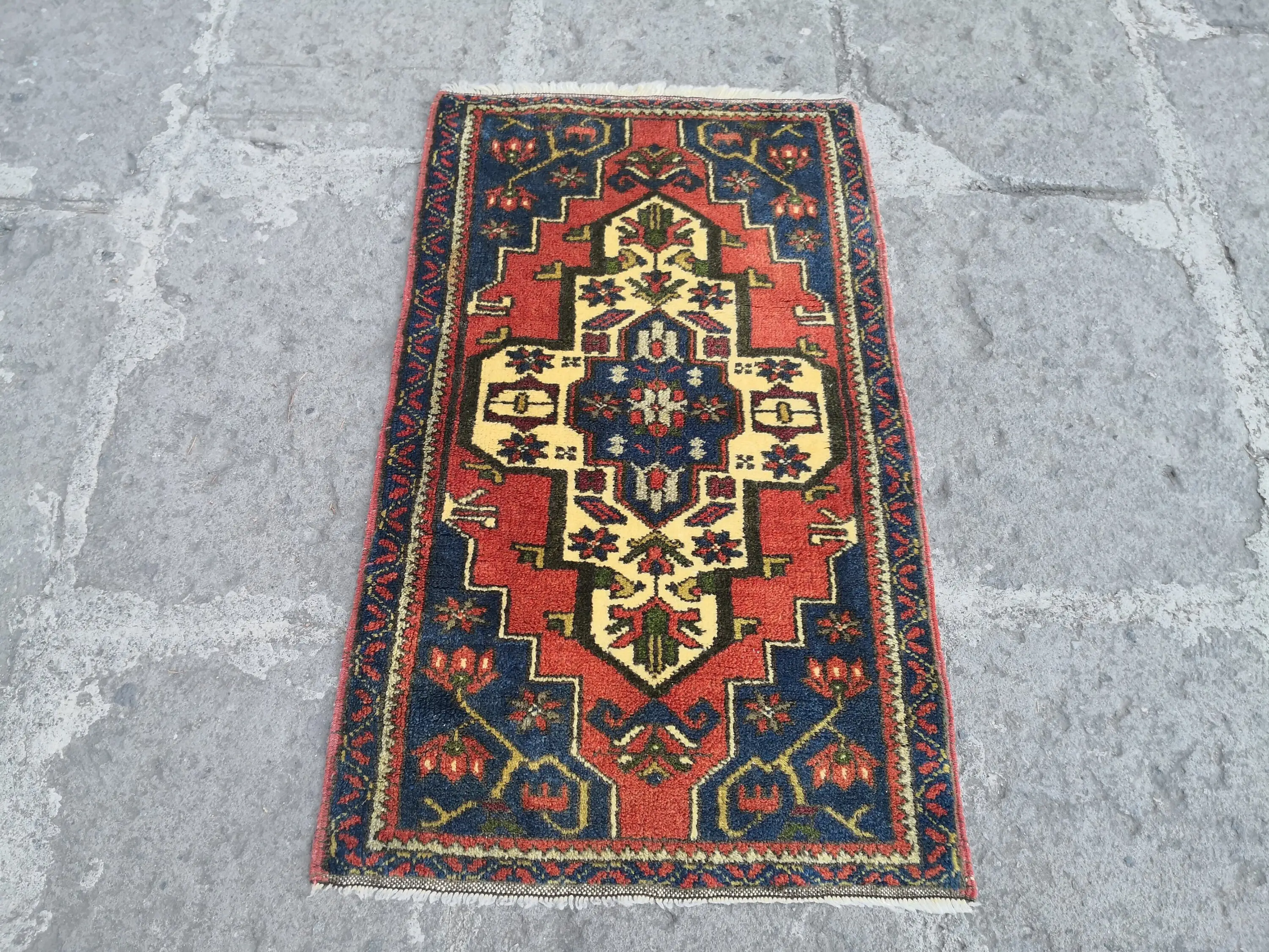 Blue & Red Rectangle Rug, Handmade Small Rugs & Doormats - 1