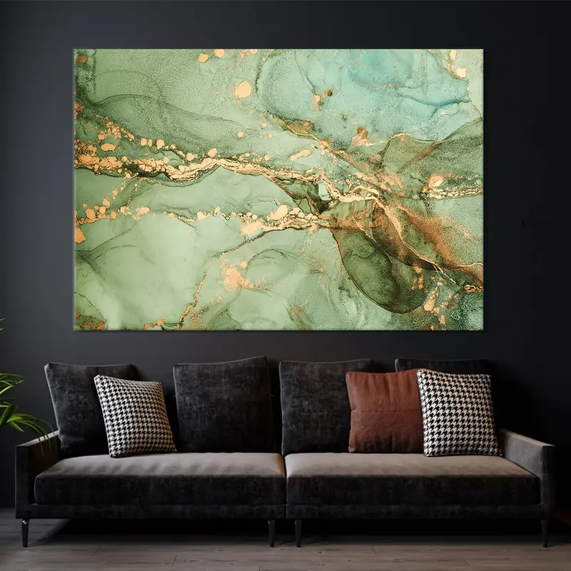 Green And Gold Abstract, Golden Stain Wall Art, Green Marbled Canvas, Green Marbling Abstract, Green Illustrations Art, Marble Abstract Art - 3