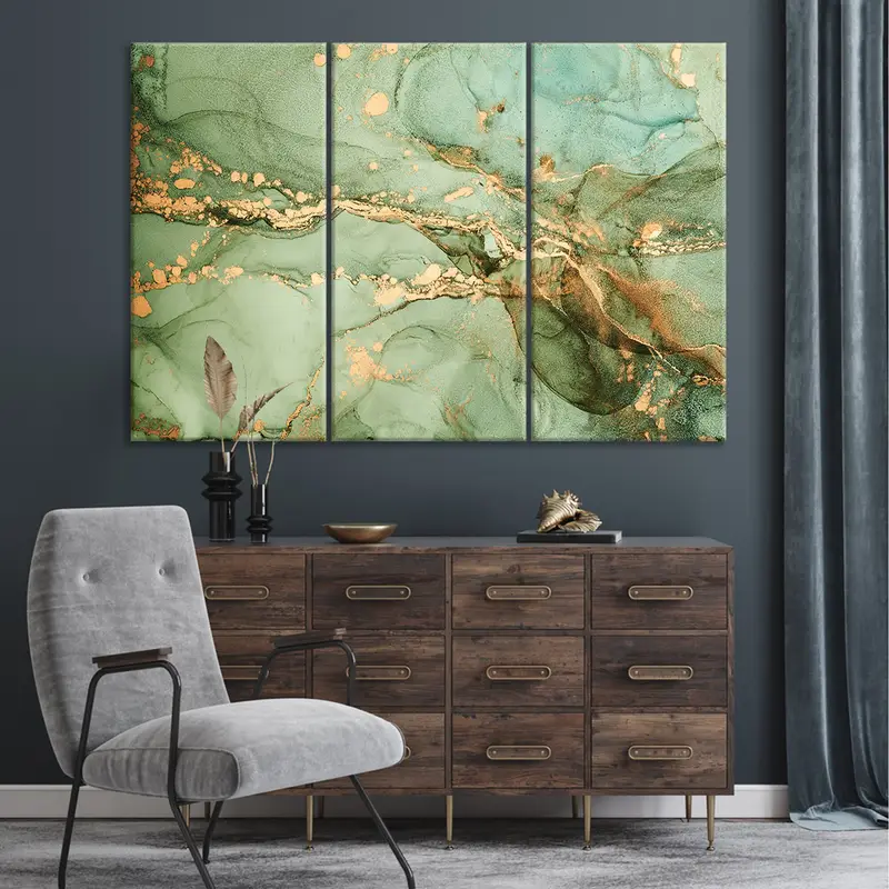 Green And Gold Abstract, Golden Stain Wall Art, Green Marbled Canvas, Green Marbling Abstract, Green Illustrations Art, Marble Abstract Art - 4