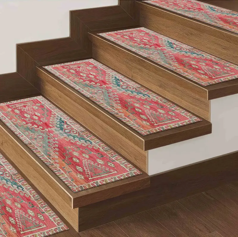 Red Ethnic Pattern Printed Rug: Stair Rug with Navajo & Aztec Design