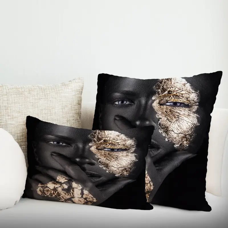 Gold Accent Modern Siyah Kadın Baskılı Yastık, Şık Ev Dekorasyonu
