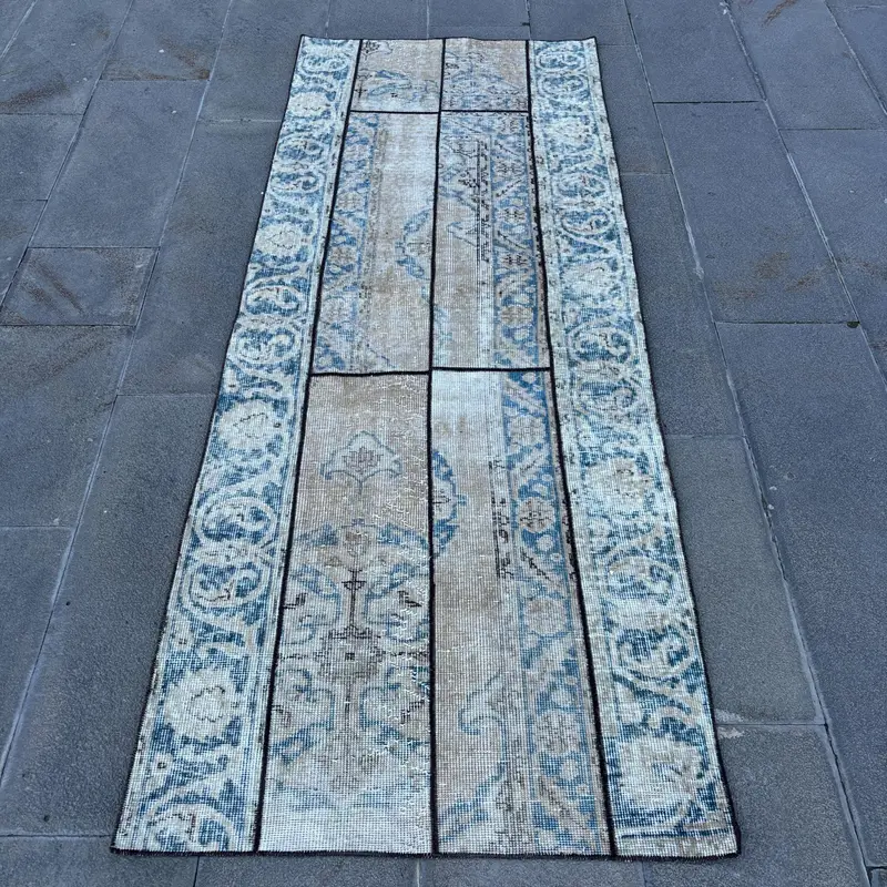 Bej ve Mavi Hayvan Baskılı Halı, 2,8x7,3 ft Şık Dekor