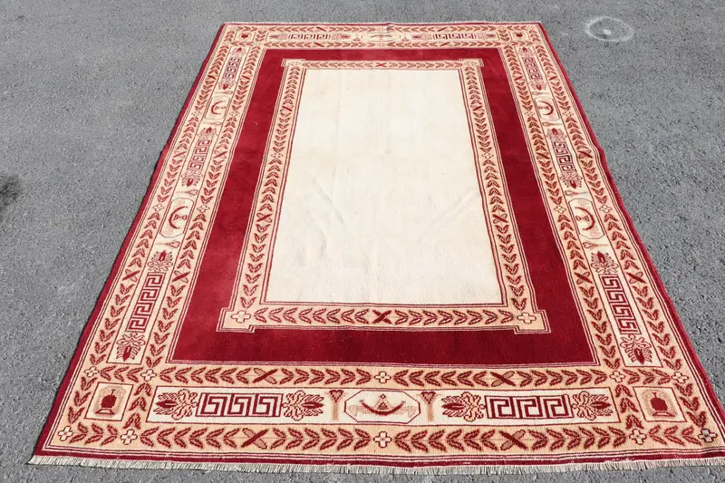 Türk Oushak Bölge Halısı 5.3x7.3 ft (161x221 cm), Vintage Kırmızı Çiçekli Yün Halı - 1