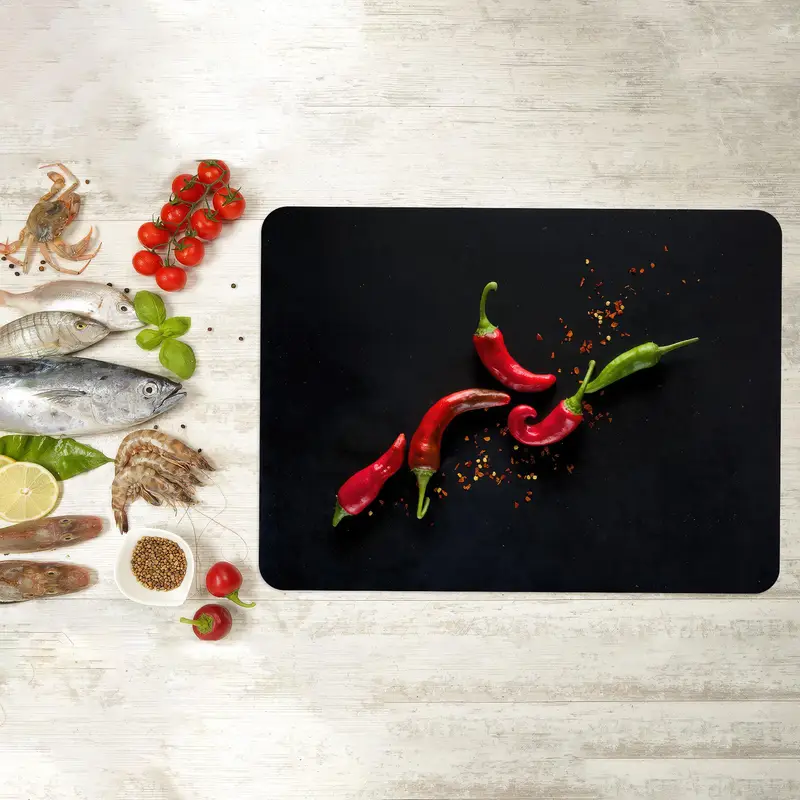 Splash-Proof Tempered Glass Cutting Board with Red Accents