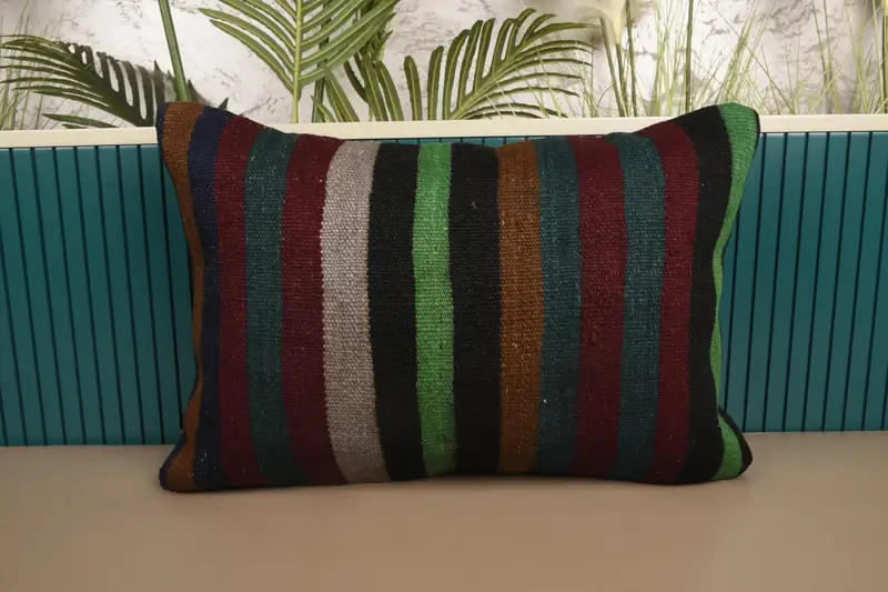40x60 cm Handwoven Turkish Euro Sham, Striped Antique TexturedGreen Pillow Case - 1