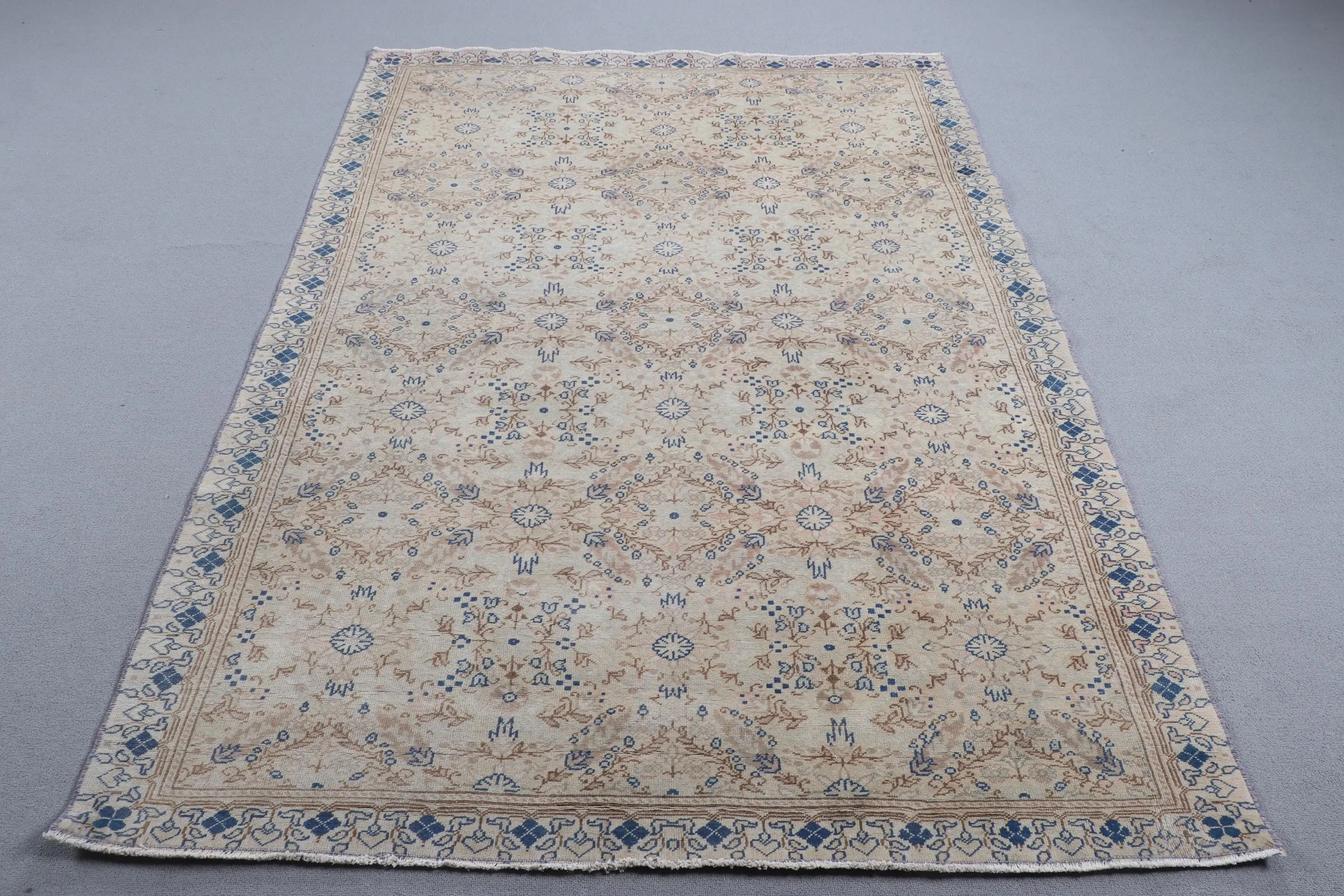 Vintage Alan Halısı, 4.9x7 ft Türk Halısı, Mavi Çizgili Yün Halı - 1