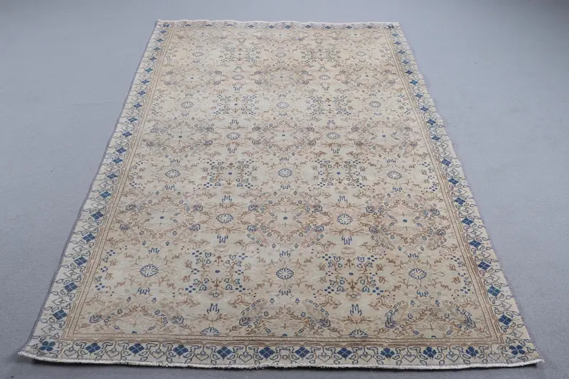 Bej & Mavi Çizgili Halı, 4,9x7 ft Zarif Dekor