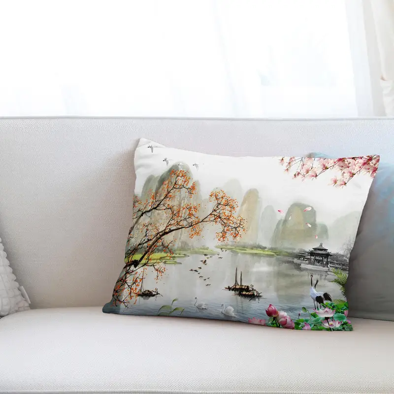 Bedrucktes Kissen mit Sakura-Blüte: Modernes japanisches Landschaftsdesign