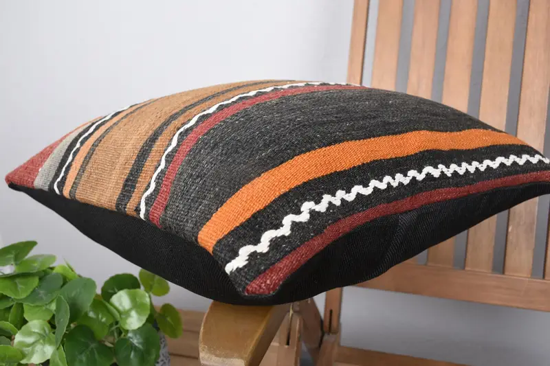 Throw Kilim Pillow, Pillow for Sofa, Pillow Case, 18x18 Brown Cushion Cover, Natural Pillow Case, Ethnical Kilim Rug Pillow - 6