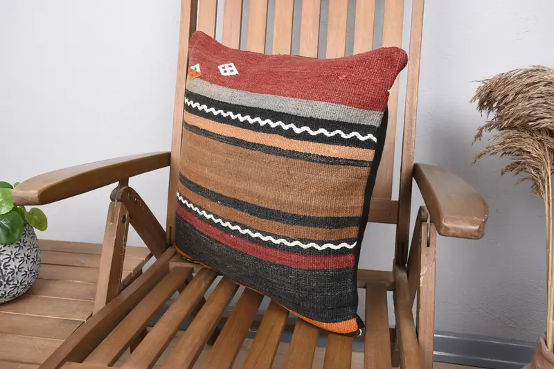 Throw Kilim Pillow, Pillow for Sofa, Pillow Case, 18x18 Brown Cushion Cover, Natural Pillow Case, Ethnical Kilim Rug Pillow - 3