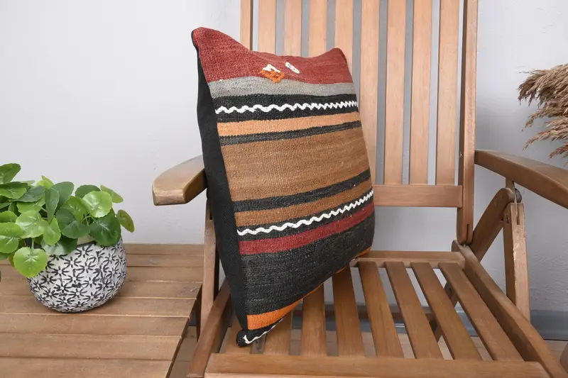 Throw Kilim Pillow, Pillow for Sofa, Pillow Case, 18x18 Brown Cushion Cover, Natural Pillow Case, Ethnical Kilim Rug Pillow - 2