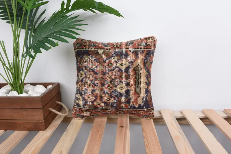 Pillow for Couch, Pillow Cover, Rustic Cushion, 12x12 Blue Cushion Case, Knitted Pillow Sham, Handmade Kilim Cushion, Home Decor Pillow - 1