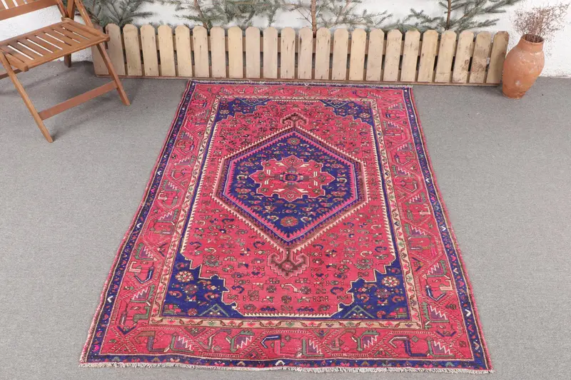 El Yapımı Fas Halısı, 4,8x6,3 ft Pembe ve Mavi