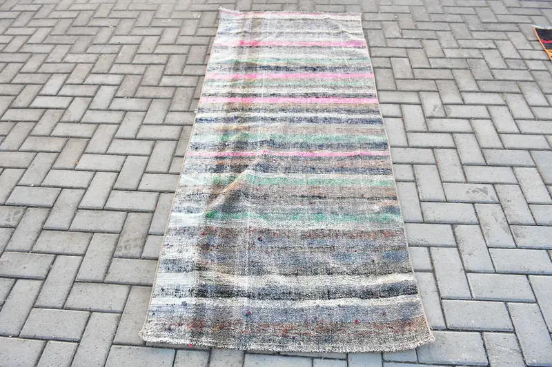 Türk Vintage Halı, 2.9x6.8 ft Kilim Halı, Mavi Gri Puantiyeli Yün Halı - 1