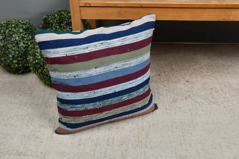 Pillow Case, Ethnical Kilim Rug Pillow, Wool Kilim Pillow Cushion Cover, 18x18 Blue Cushion Case, Throw Kilim Pillow, Turkish Pillow - 7