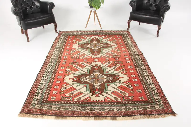 Türkischer 5,4x7,6 ft Teppich, Oushak Vintage Teppich, roter Blumenteppich aus Wolle - 1