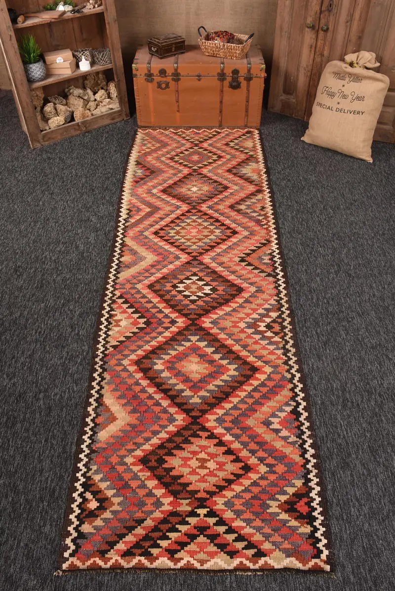 Vintage Runner Rug 3.2x10.8 ft (98x328 cm), Kilim Red Polka dot Turkish Rug - 1