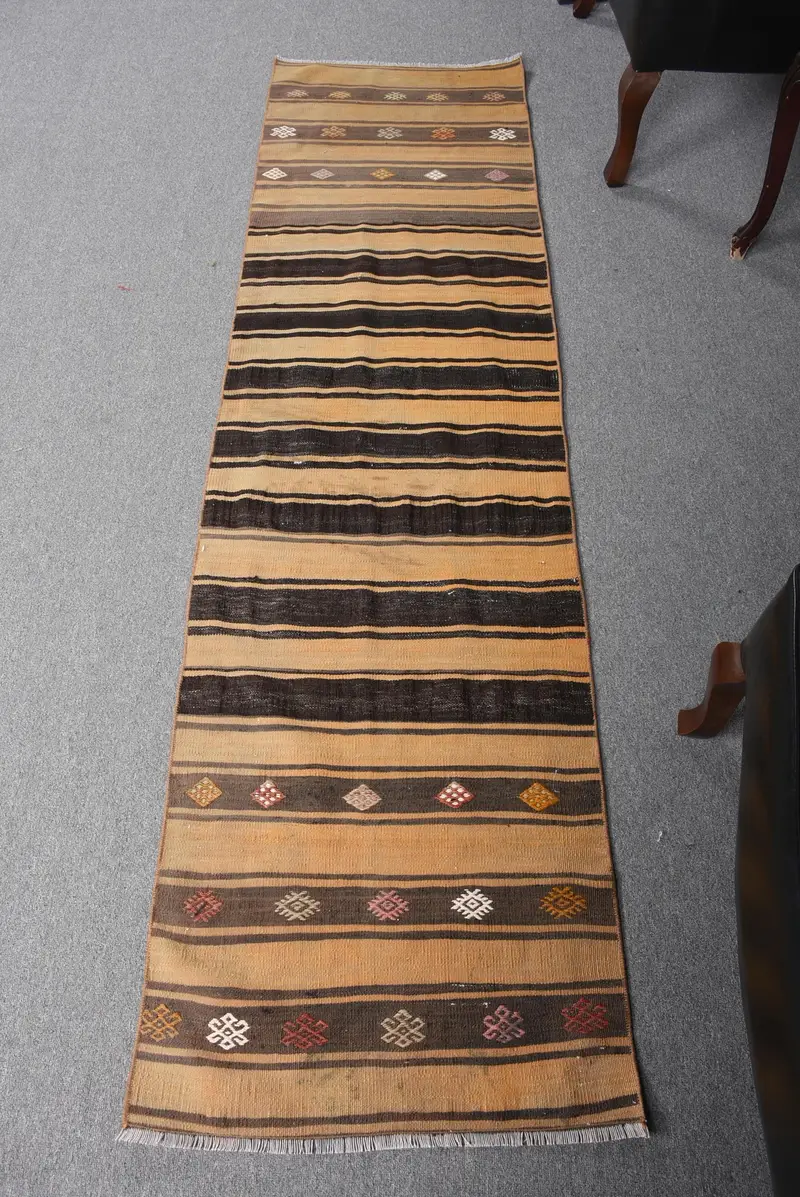 Handmade Yellow Rug, 2x7.4 ft Geometric Floral Design