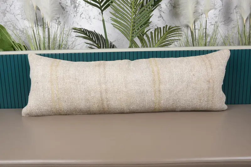 Beige & Bronze gestreiftes Leinen-Wurfkissen, Vintage-gesticktes Kissen