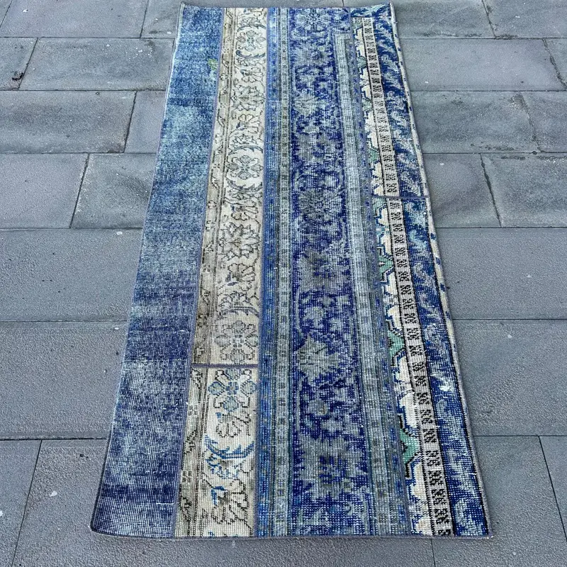 Mavi & Bej Çizgili Halı, 2,7x6,3 ft Zarif Dekor