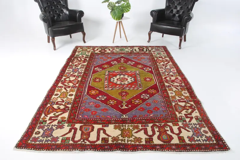 Turkish 6.2x8.9 ft Rug, Oushak Vintage Rug, Red Check Rug Wool - 1