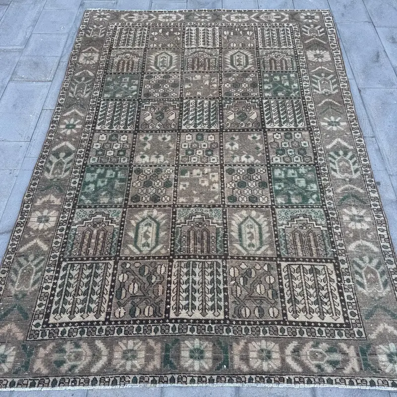Alfombra de 6,3x9,4 pies, alfombra grande turca vintage, alfombra de lana Oushak marrón - 1