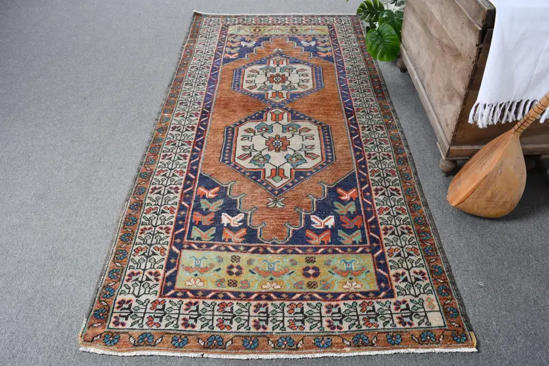 手作りのオレンジとブルーのラグ、0.3x7.1フィートのオリエンタルデザイン