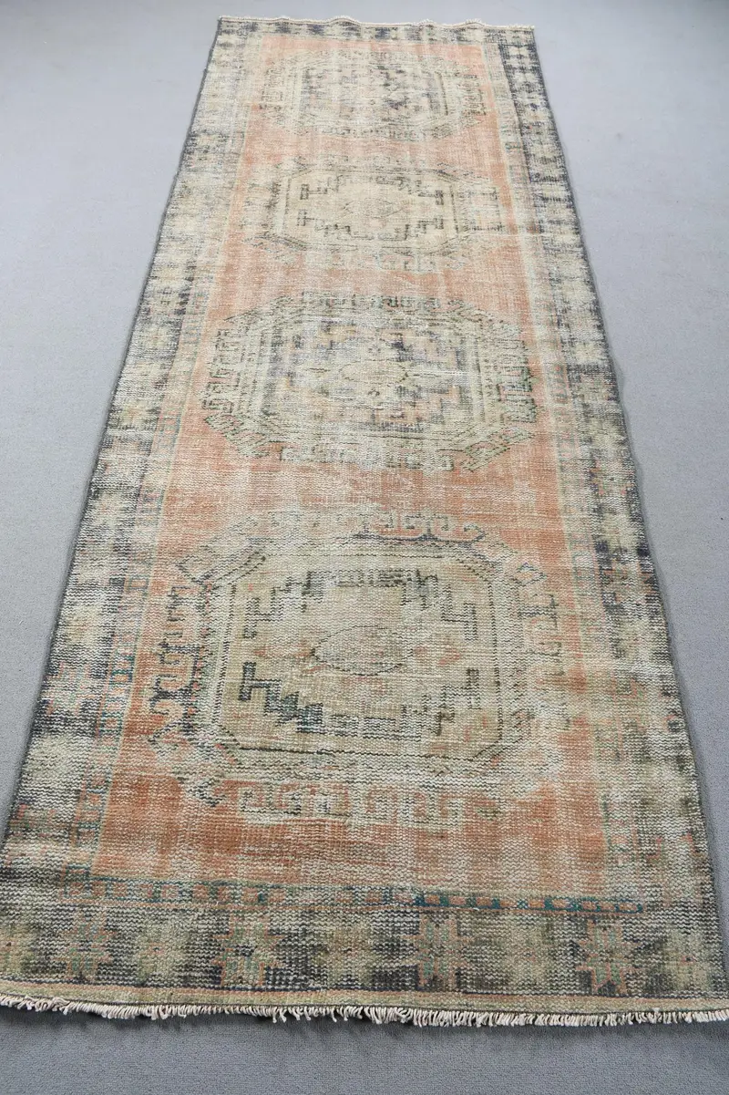 Vintage 3.8x10.6 ft Halı, Runner Türk Halısı, Kahverengi Turuncu Çiçekli Halı - 1