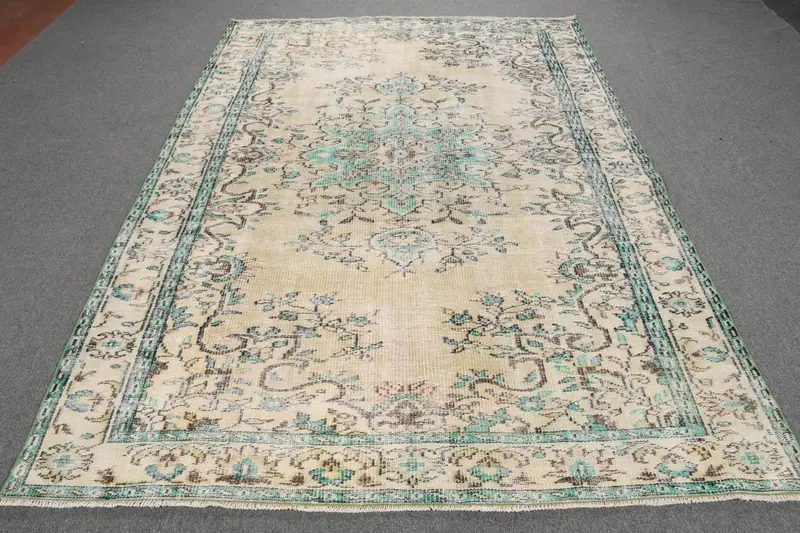 Türk Halısı, 5.8x8.7 ft Vintage Halı, Yeşil Sarı Kamuflaj Yün Halı - 1