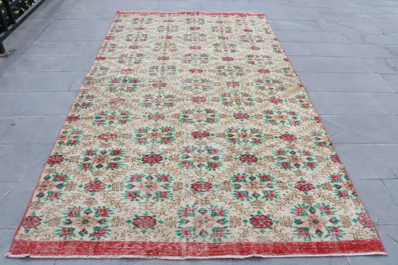 Vintage Türk Halısı, 5.4x9.8 ft Oushak Halı, Kırmızı Yeşil Oryantal Yün Halı - 1