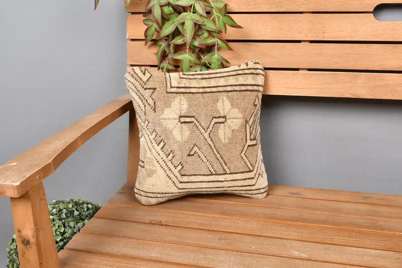 Pillow Cover, Throw Kilim Pillow, Art Deco Cushion Case, 12x12 Beige Cushion Case, Vintage Kilim Throw Pillow, Boho Pillow Sham Cover - 1