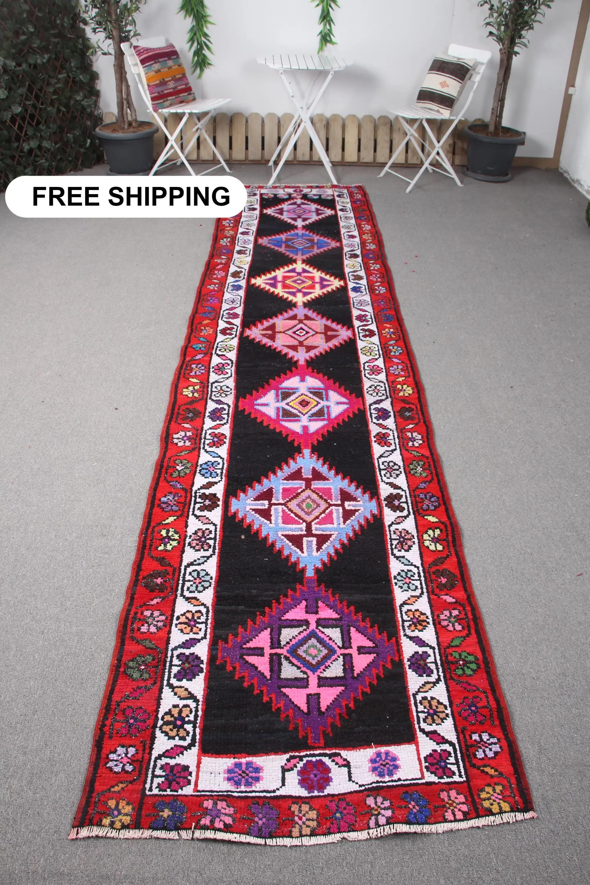 Turkish Runner Rug 3x12.9 ft, Vintage Herki Red Floral Wool Rug - 1