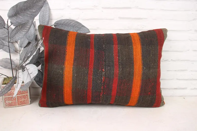 Pillow Cover, 16x24 Orange Cushion Case, Boho Pillow, Vintage Kilim Pillow, Tribal Cushion, Interior Designer Pillow, Knitted Pillow Case - 1
