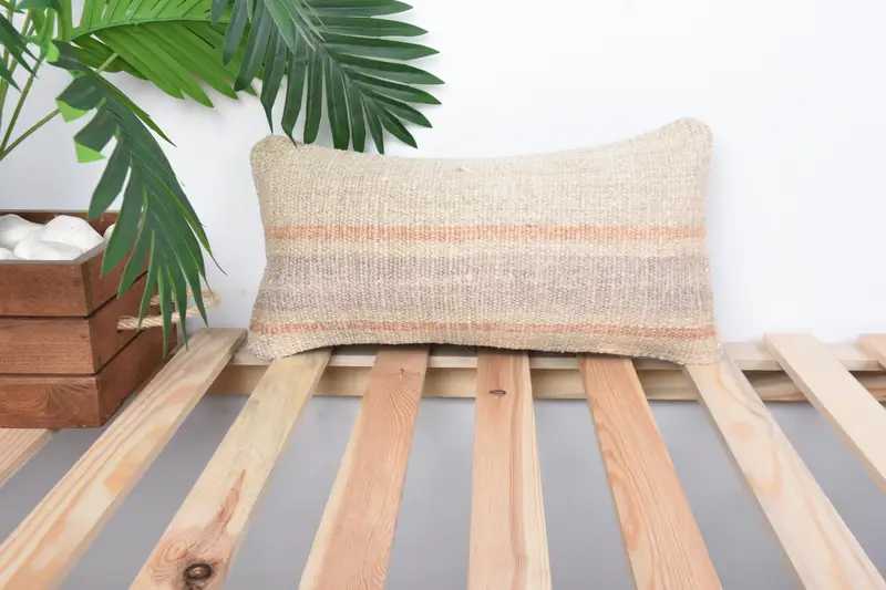 Kilim Cushion Sham, Boho Pillow Sham Cover, 8x16 Beige Pillow Case, Accent Throw Cushion Case, Pillow Sham, Antique Pillows, One Of A Kind Cushion - 1