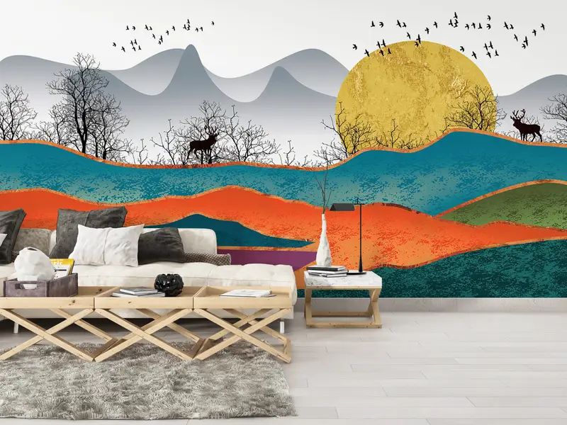 Colorful Abstract Landscape, Abstract Forest Wall Paper, Abstract Mountain Wall Mural, Luxury Wall Decor, Abstract Sun Wall Poster, - 3