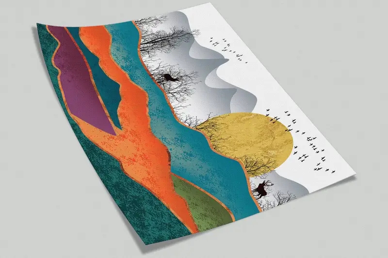 Colorful Abstract Landscape, Abstract Forest Wall Paper, Abstract Mountain Wall Mural, Luxury Wall Decor, Abstract Sun Wall Poster, - 9