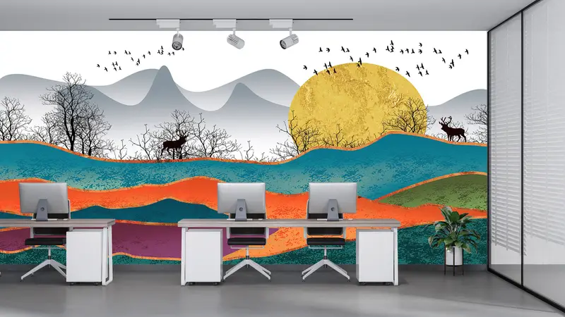 Colorful Abstract Landscape, Abstract Forest Wall Paper, Abstract Mountain Wall Mural, Luxury Wall Decor, Abstract Sun Wall Poster, - 4