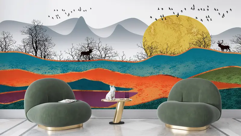 Colorful Abstract Landscape, Abstract Forest Wall Paper, Abstract Mountain Wall Mural, Luxury Wall Decor, Abstract Sun Wall Poster, - 8