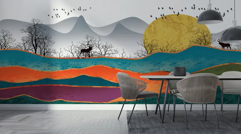 Colorful Abstract Landscape, Abstract Forest Wall Paper, Abstract Mountain Wall Mural, Luxury Wall Decor, Abstract Sun Wall Poster, - 2