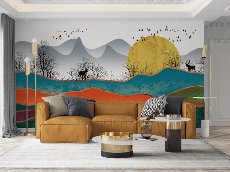 Colorful Abstract Landscape, Abstract Forest Wall Paper, Abstract Mountain Wall Mural, Luxury Wall Decor, Abstract Sun Wall Poster, - 6