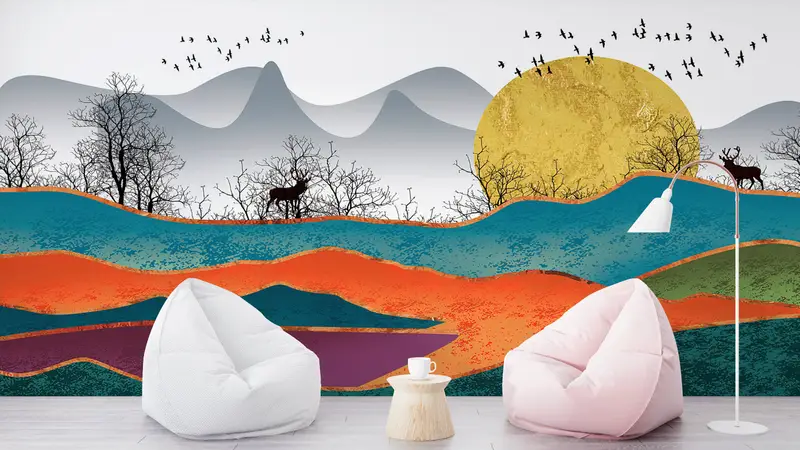 Colorful Abstract Landscape, Abstract Forest Wall Paper, Abstract Mountain Wall Mural, Luxury Wall Decor, Abstract Sun Wall Poster, - 5