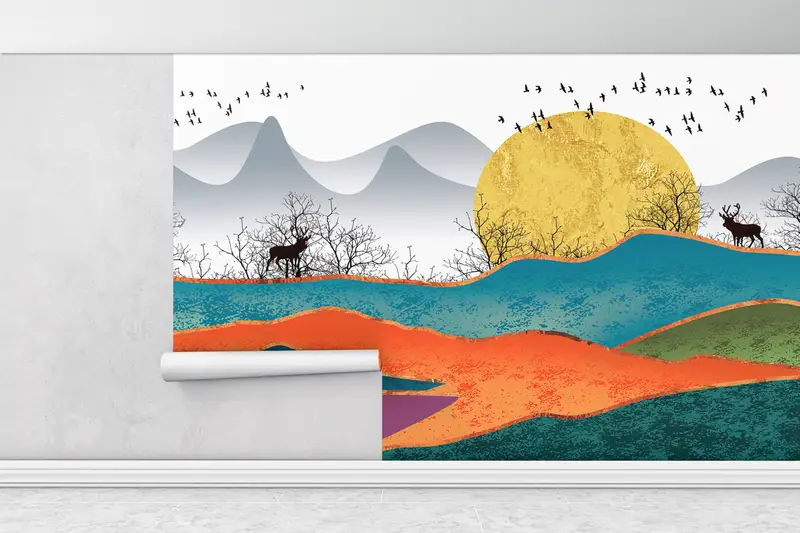 Colorful Abstract Landscape, Abstract Forest Wall Paper, Abstract Mountain Wall Mural, Luxury Wall Decor, Abstract Sun Wall Poster, - 1