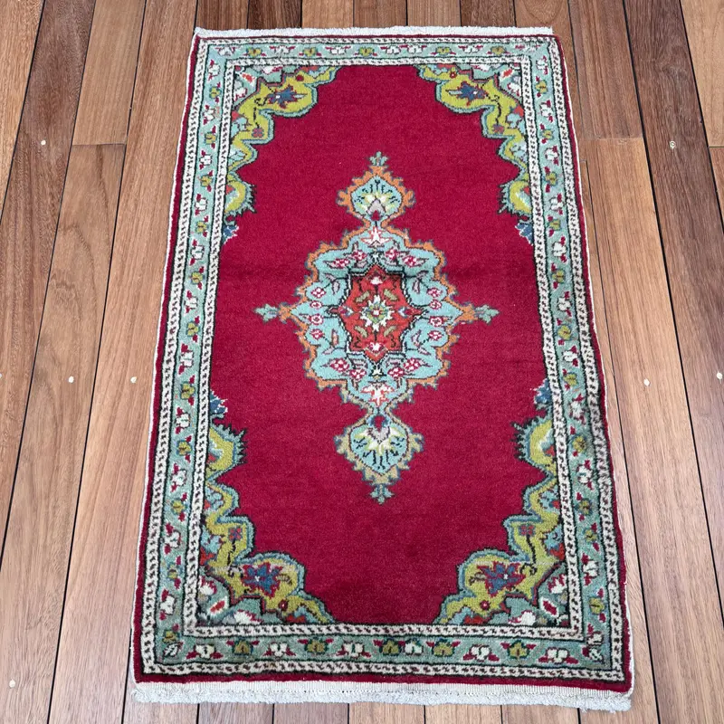 2x3.2 ft Türk Halısı, Vintage Küçük Halı, Kırmızı Mavi Bitkiler ve ağaçlar Yün Halı - 1