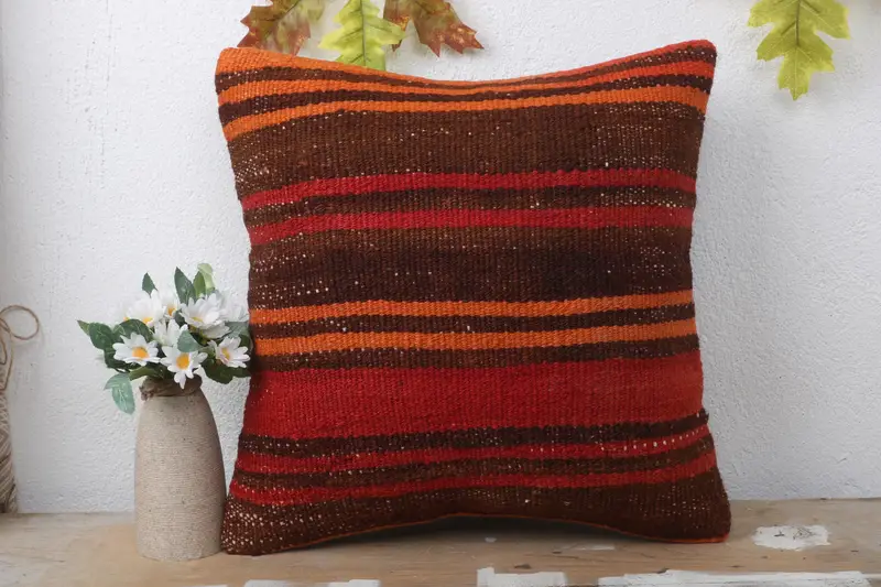 Vintage Kilim Pillow, Pillow for Sofa, Kilim Cushion Sham, Authentic Cushion, 16x16 Red Cushion Cover, Cushion Cover, Vintage Throw Cushion Case - 2