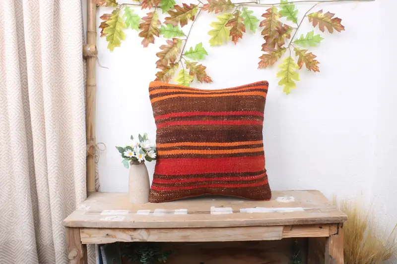 Vintage Kilim Pillow, Pillow for Sofa, Kilim Cushion Sham, Authentic Cushion, 16x16 Red Cushion Cover, Cushion Cover, Vintage Throw Cushion Case - 1