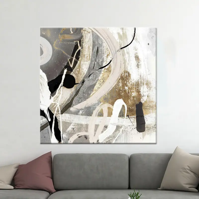 Zarif Gri ve Altın Soyut Baskılı Kanvas Tablo
