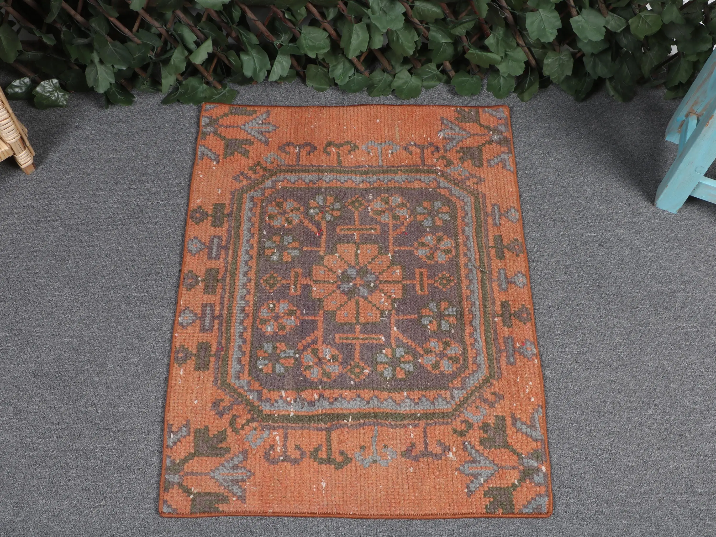 Vintage Rug, 1.9x2.5 ft Small Turkish Rug, Orange Green Animal Print Rug - 1