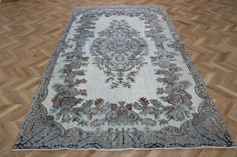 5.4x9.3 ft Vintage Large Rug, Blue Brown Turkish Ikat Wool Rug - 1