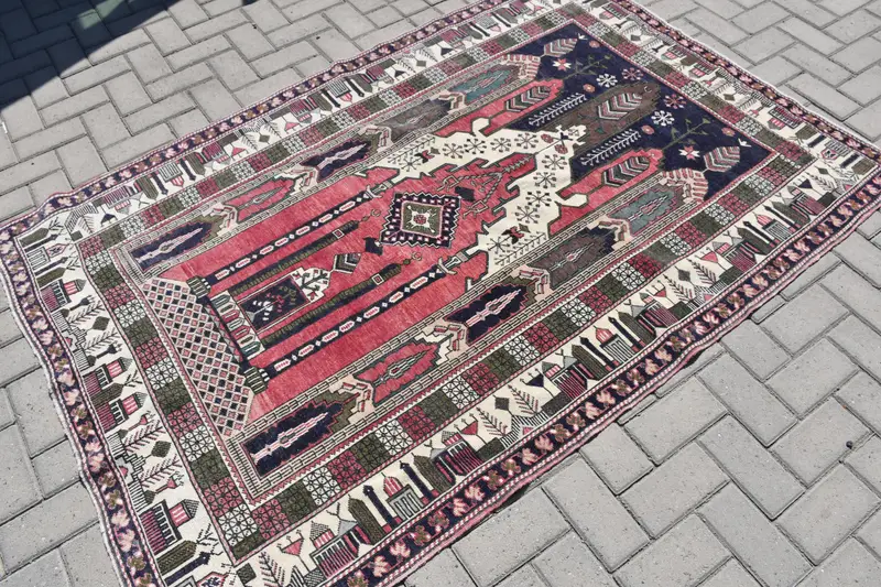 Türk Vintage Oushak Halı 4.3x6.5 ft, Kırmızı Alan Çizgili Yün Halı - 1
